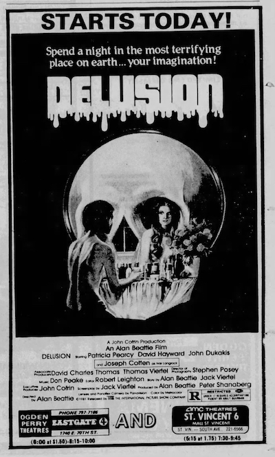 Newspaper ad for Alan Beattie's DELUSION from early 1981