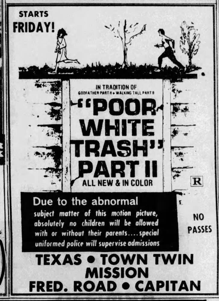 The film was confusingly retitled POOR WHITE TRASH PART II, and was released with some creative marketing