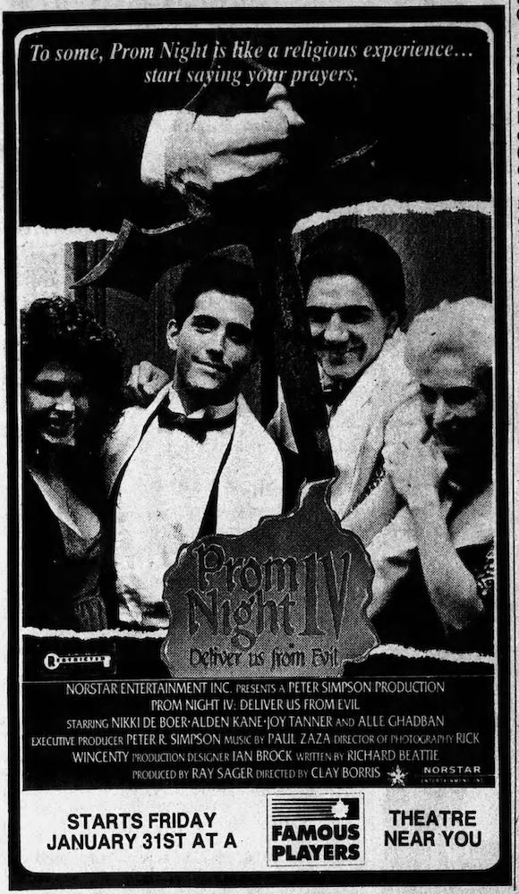 PROM NIGHT IV: DELIVER US FROM EVIL was released to Canadian cinema screens in late January 1992