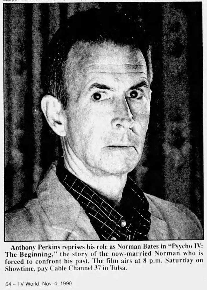 Anthony Perkins appears in this promo for PSYCHO IV ahead of its debut on cable channel Showtime