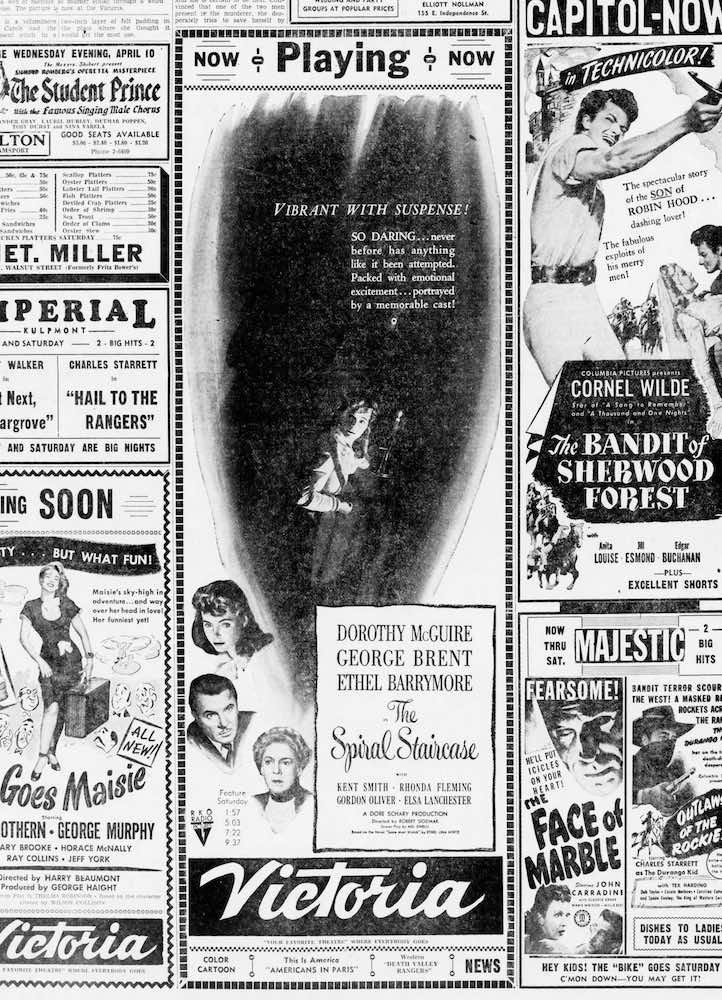 Newspaper advert for 1946&apos;s THE SPIRAL STAIRCASE
