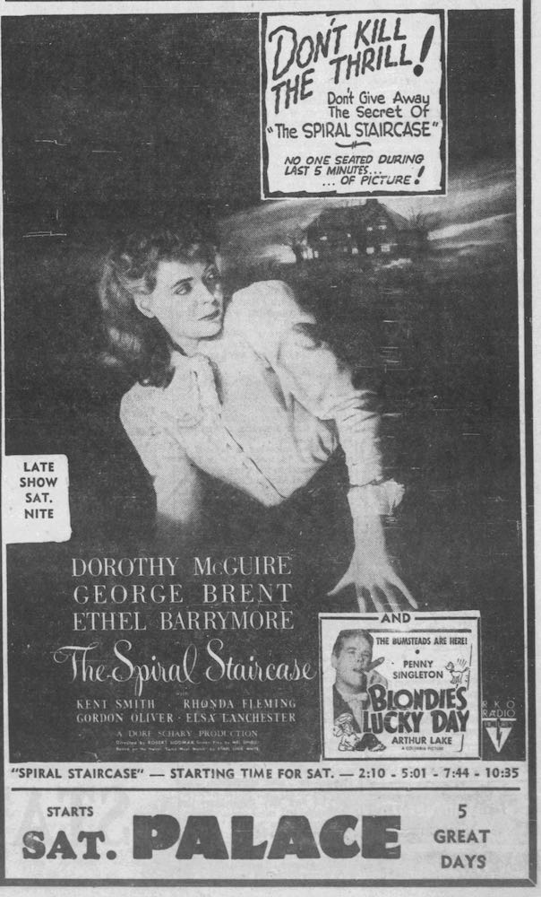 Newspaper advert for 1946&apos;s THE SPIRAL STAIRCASE