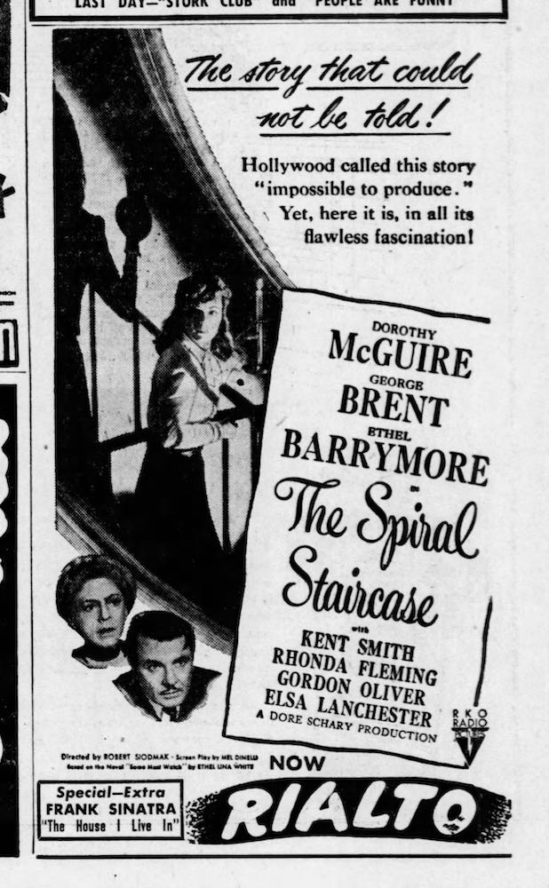 Newspaper advert for 1946&apos;s THE SPIRAL STAIRCASE